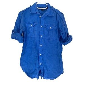 Ralph Lauren Sport Women Size 4 Blue 100% Linen Button Up 3/4 Sleeve Top Blouse